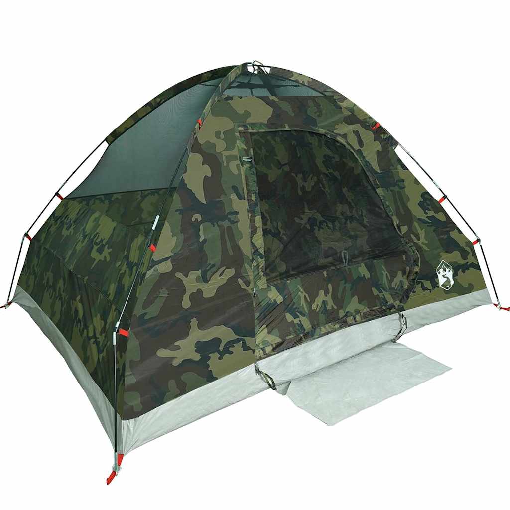 Detail van de vidaXL koepeltent in camouflagekleur, zijaanzicht met ingangen en gaasvensters.