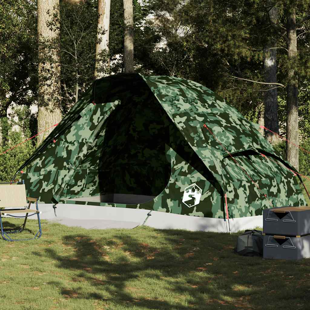 Camouflage vidaXL koepeltent voor 6 personen, opstelling in een bosrijke omgeving.