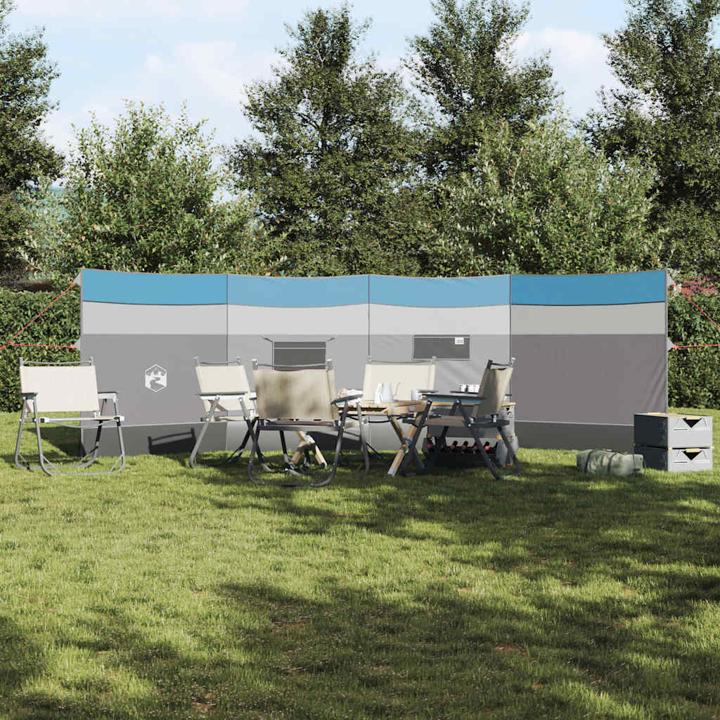 Detail van het vidaXL windscherm in blauw en grijs, opgesteld met campingstoelen en tafel.