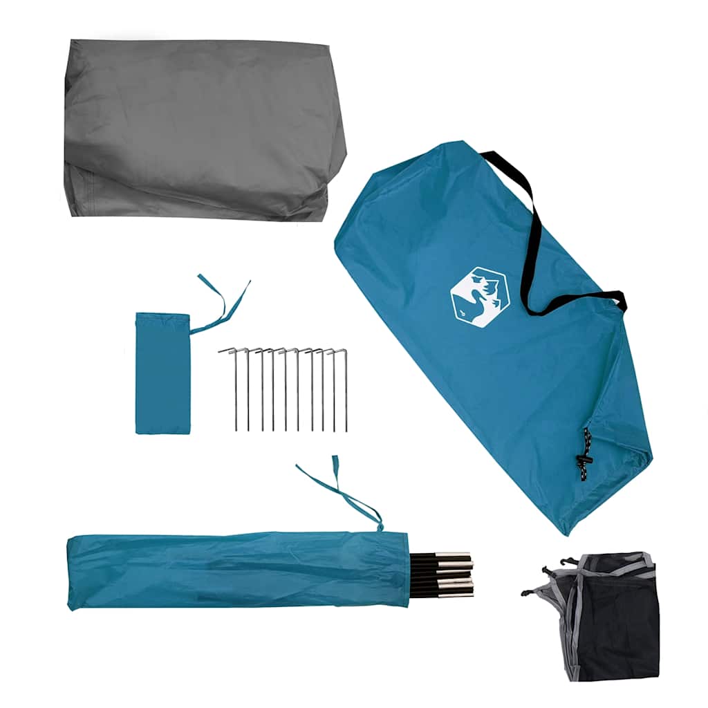 Detail van het vidaXL windscherm in blauw met bijbehorende accessoires en opbergtas.