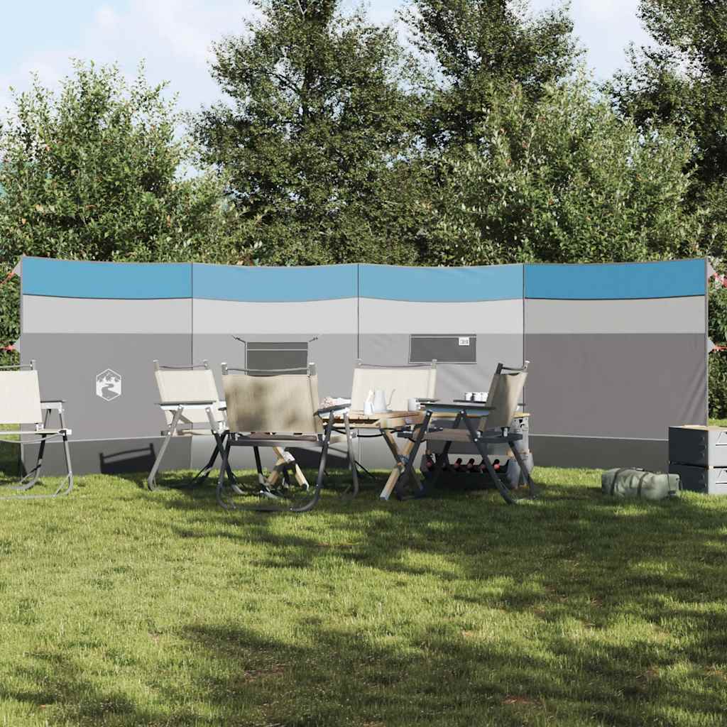 Blauw vidaXL windscherm van 510x153 cm, waterdicht en windbestendig, geplaatst op een camping.