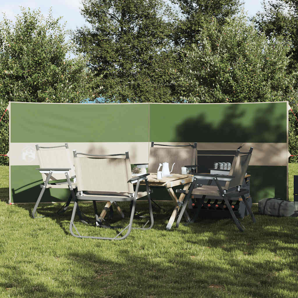 Groen vidaXL windscherm 344x120 cm, geplaatst rondom een campingtafel met stoelen.