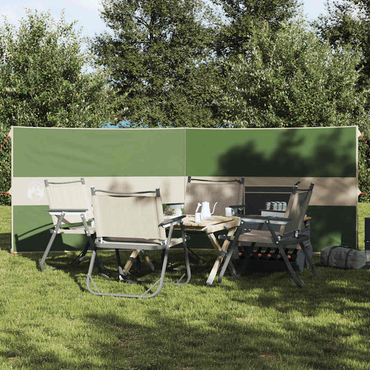 Groen vidaXL windscherm 344x120 cm, geplaatst rondom een campingtafel met stoelen.