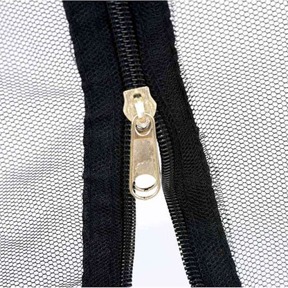 Detail van de rits van de vidaXL klamboe, zwart polyester met gaasstructuur.