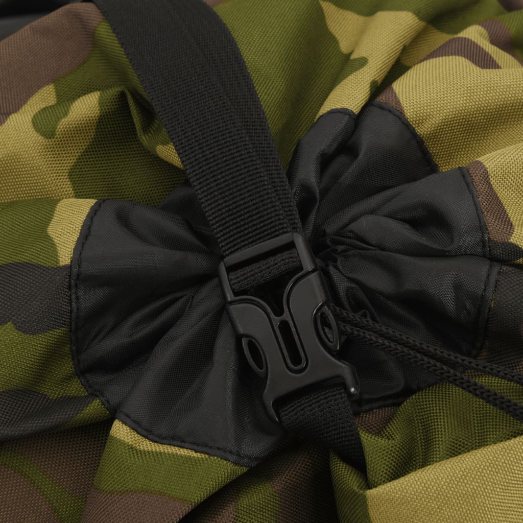Detail van de sluiting en verstelbare band van de vidaXL wandelrugzak in camouflage.