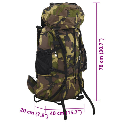 Zijaanzicht van de vidaXL 80 L camouflage wandelrugzak met verstelbare banden.