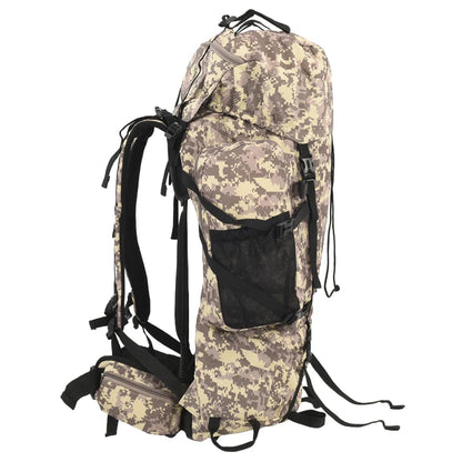 Zijaanzicht van de vidaXL 80 L camouflage rugzak met verstelbare schouderbanden.