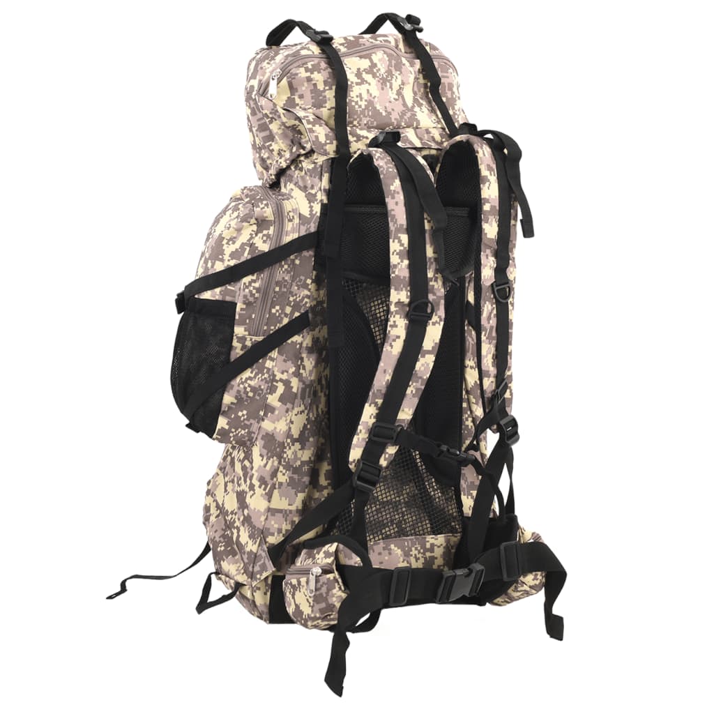 Detail van de vidaXL 80 L camouflage wandelrugzak met verstelbare schouder- en heupbanden.