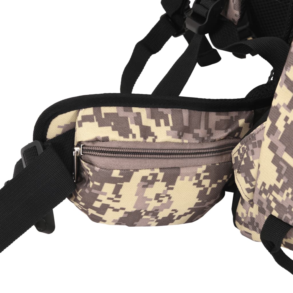 Detail van de zijzak met rits van de vidaXL 80 L camouflage rugzak.