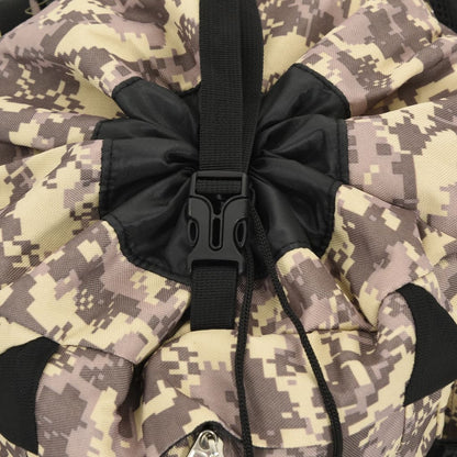 Detail van de bovenkant van de vidaXL wandelrugzak met camouflagepatroon en trekkoordsluiting.