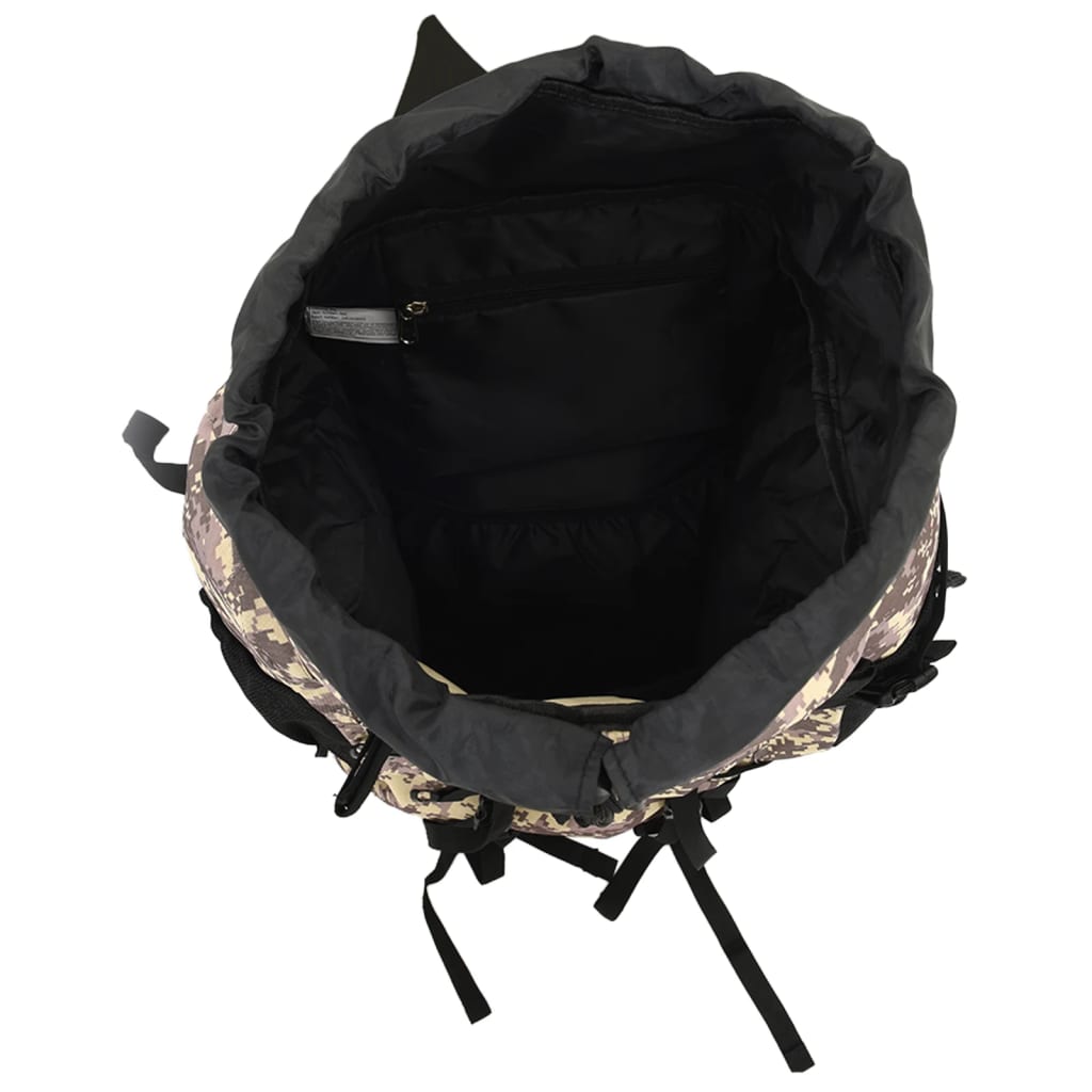 Detail van de open bovenkant van de vidaXL 80 L camouflage rugzak met opbergruimte.