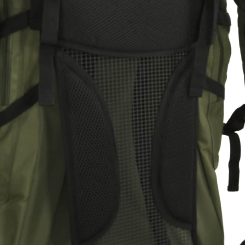 Detail van de mesh zijvakken van de vidaXL 80 L wandelrugzak in legergroen.