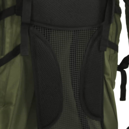 Detail van de mesh zijvakken van de vidaXL 80 L wandelrugzak in legergroen.
