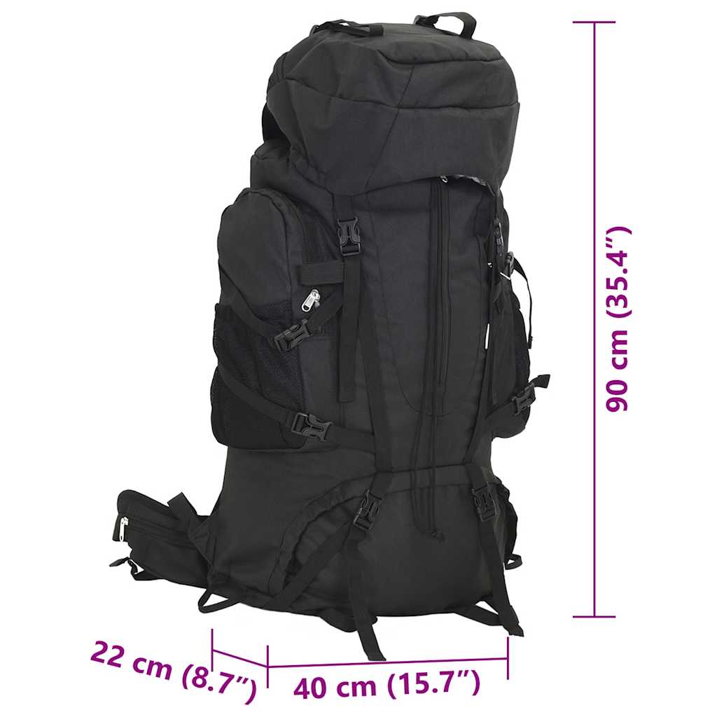 Zijaanzicht van de vidaXL 100 L wandelrugzak in zwart met verstelbare riemen.