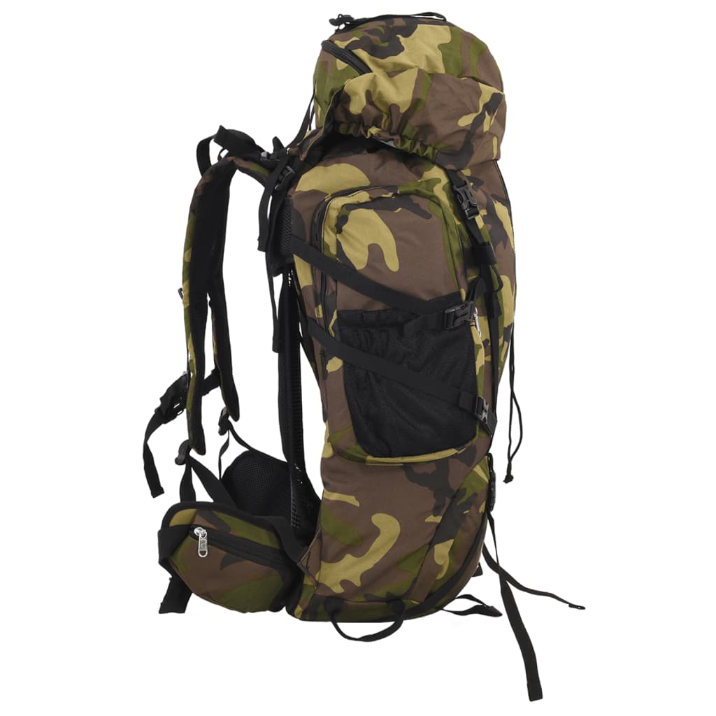Zijaanzicht van de vidaXL 100 L camouflage wandelrugzak met verstelbare schouderbanden.