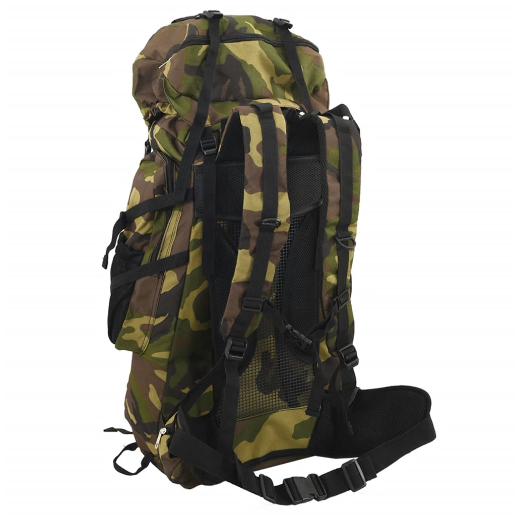Zijaanzicht van de vidaXL 100 L camouflage wandelrugzak met verstelbare banden.