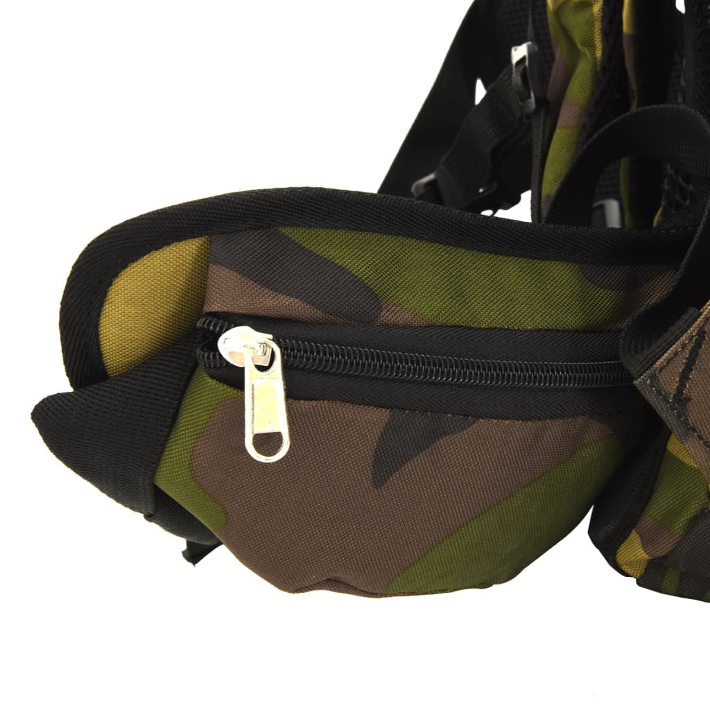 Detail van de camouflage wandelrugzak vidaXL met een zijvak en rits.