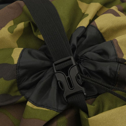 Detail van de camouflage stof en sluiting van de vidaXL 100 L wandelrugzak.