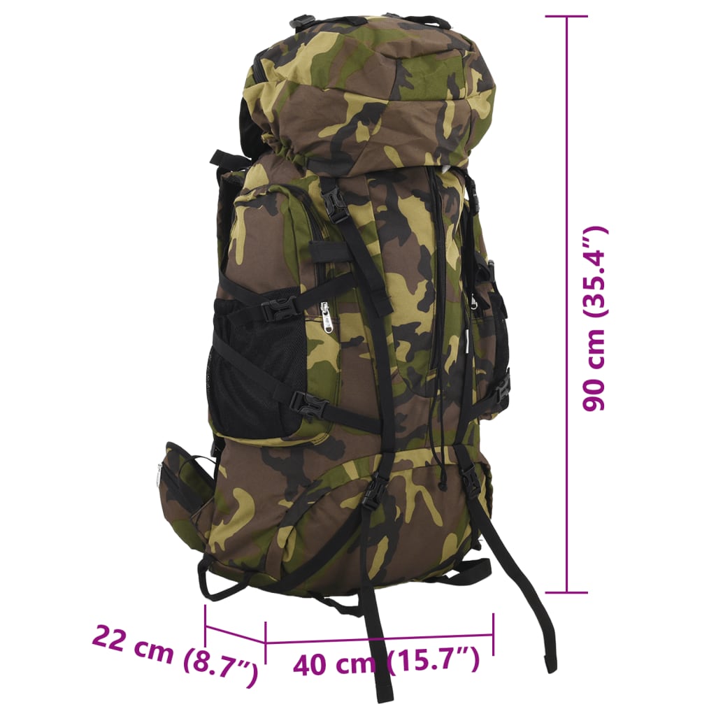 Zijaanzicht van de vidaXL 100 L camouflage wandelrugzak met verstelbare banden.