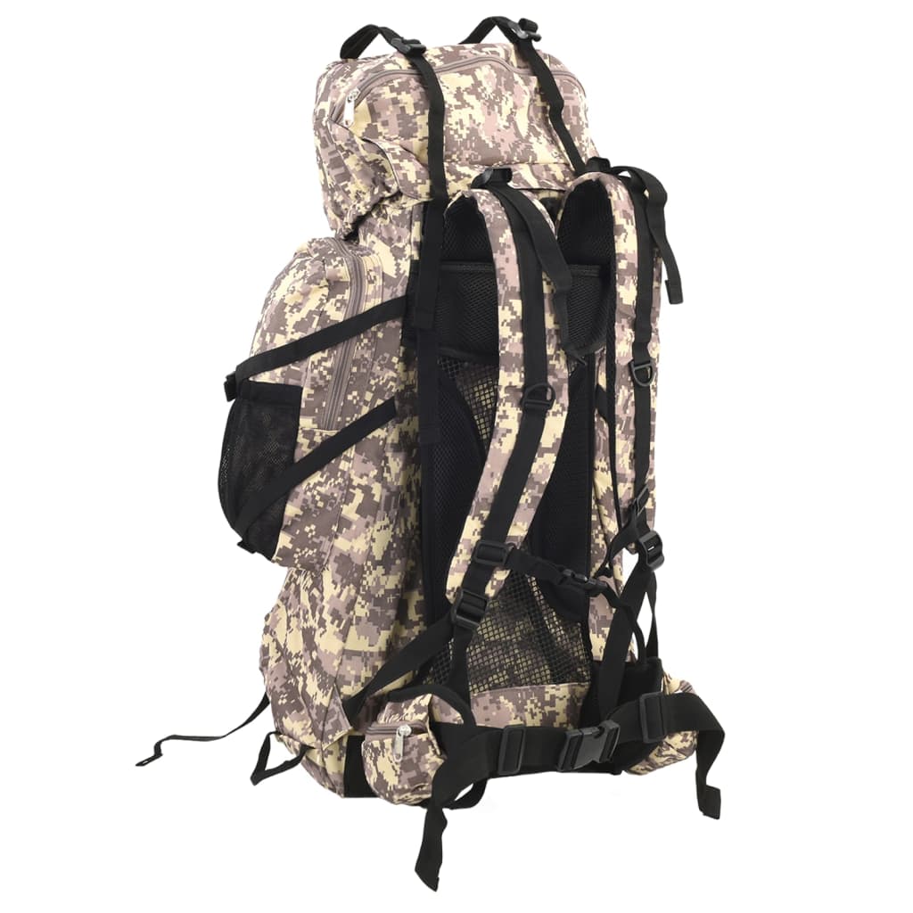 Zijaanzicht van de vidaXL 100 L camouflage wandelrugzak met verstelbare schouderbanden.