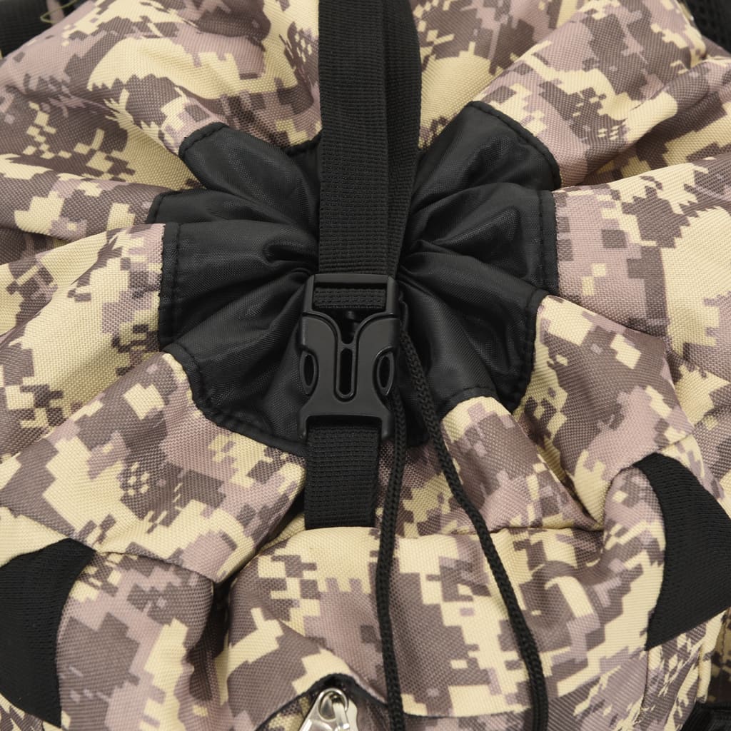 Detail van de bovenkant van de vidaXL wandelrugzak met camouflagepatroon en trekkoordsluiting.