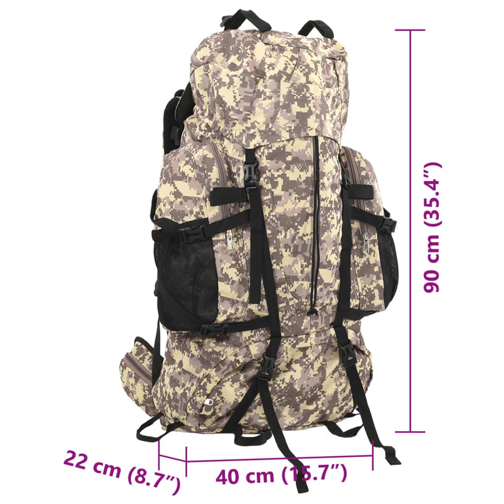 Detail van de vidaXL wandelrugzak in camelbruin camouflage, zijaanzicht met verstelbare banden.
