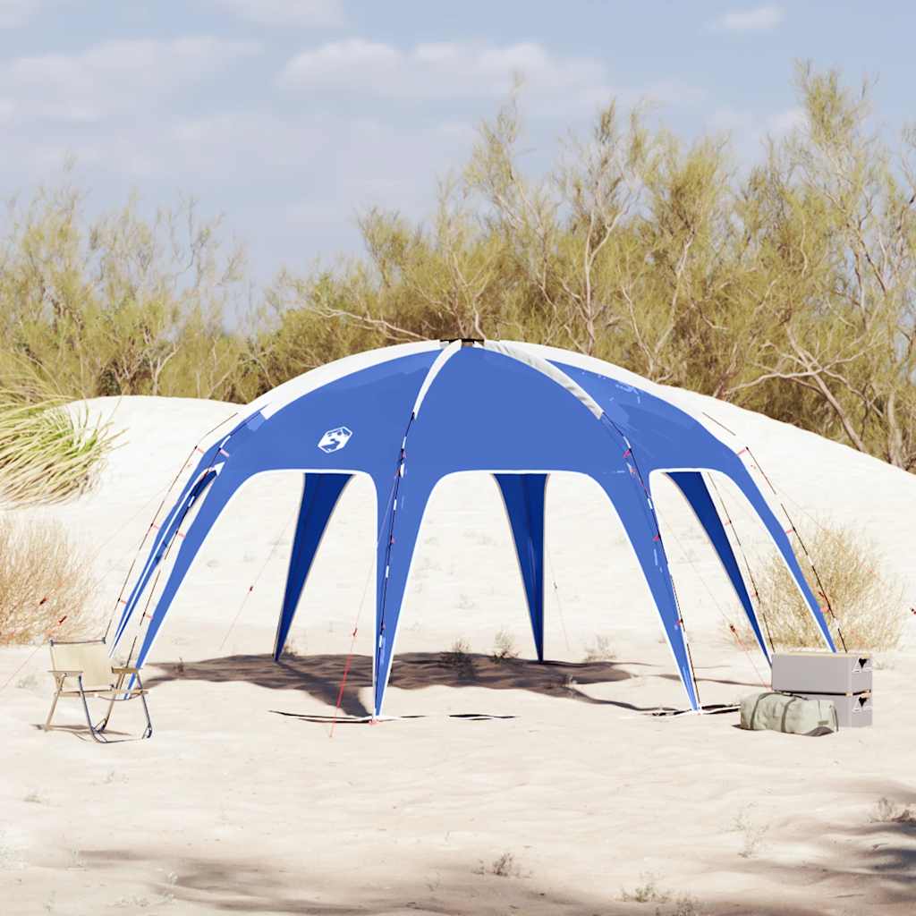 Azuurblauwe vidaXL partytent, waterdicht en windbestendig, opgesteld op een zandige ondergrond.