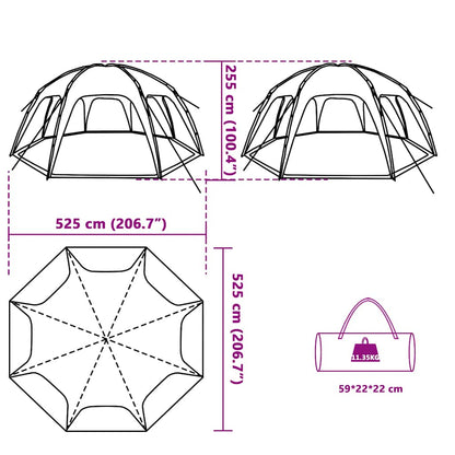 Detailtekening van de vidaXL waterdichte partytent met afmetingen en opbergtas.