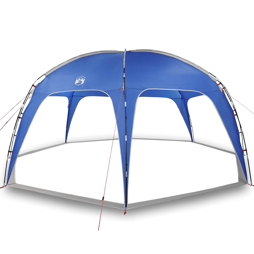 Detail van de azuurblauwe vidaXL partytent met stevige glasvezelstokken en windvlaggen.