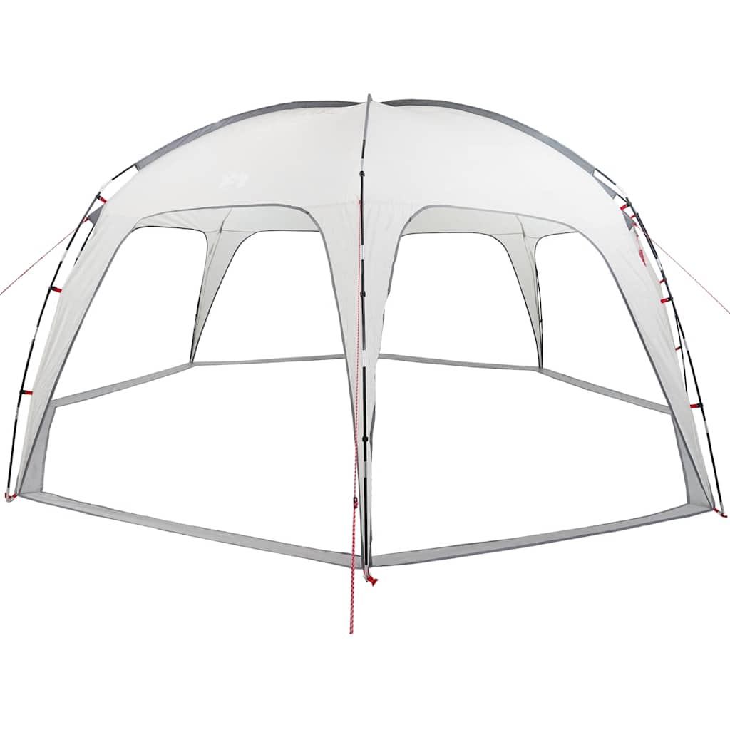 Zijaanzicht van de vidaXL waterdichte partytent in grijs, met open structuur en stevige stangen.