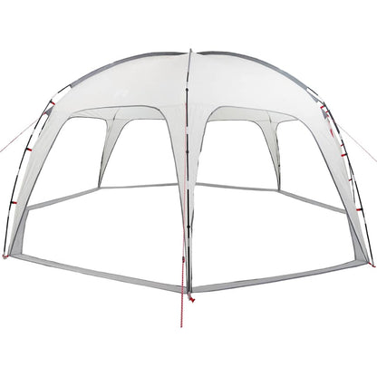 Zijaanzicht van de vidaXL waterdichte partytent in grijs, met open structuur en stevige stangen.