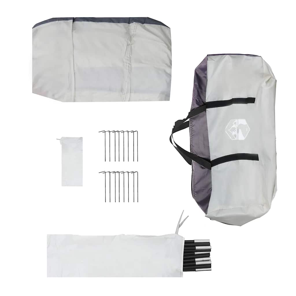 Grijze vidaXL partytent met accessoires, waaronder stokken en haringen, in opbergtas.