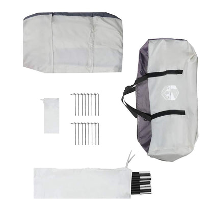 Grijze vidaXL partytent met accessoires, waaronder stokken en haringen, in opbergtas.