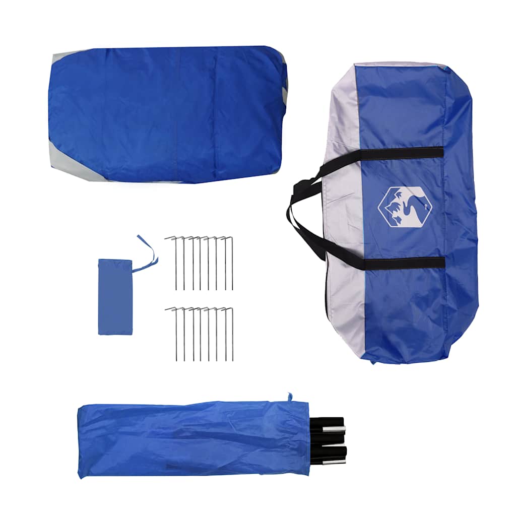 Detail van de azuurblauwe vidaXL partytent met draagtas en bevestigingsmaterialen.