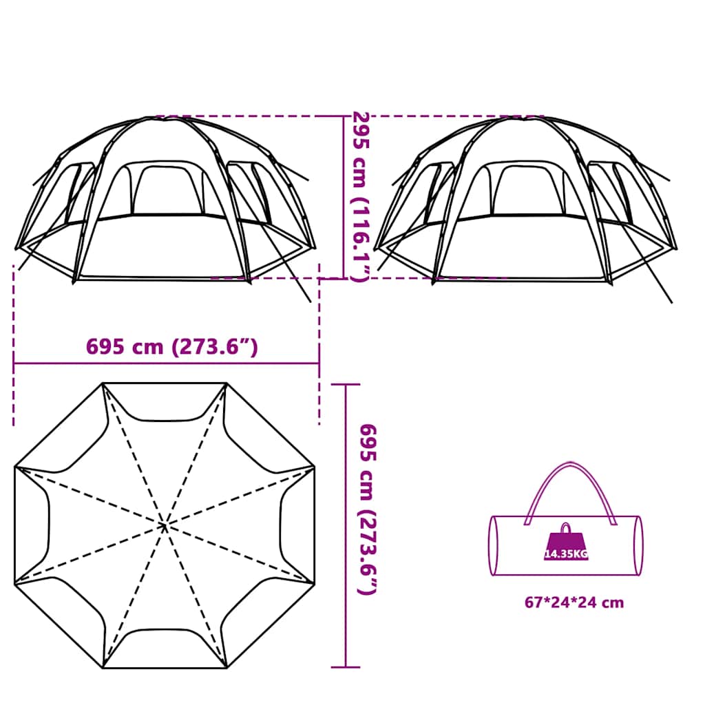Zijaanzicht van de vidaXL waterdichte partytent met afmetingen en draagtas.
