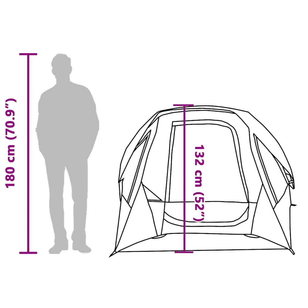 Detail van de tent met afmetingen, geschikt voor 4 personen en waterdicht.