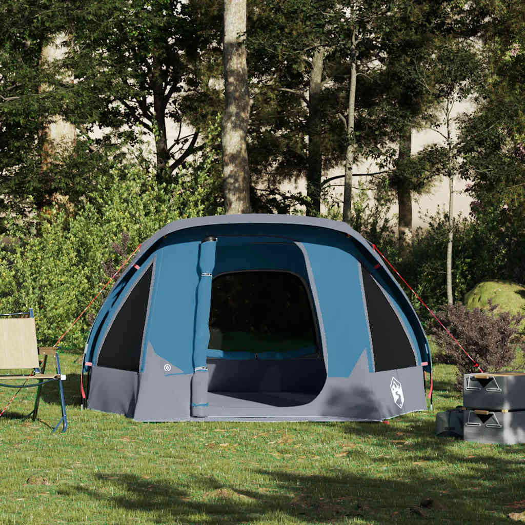 Detail van de vidaXL 4-persoons tent in blauw, met gaaswanden voor ventilatie.
