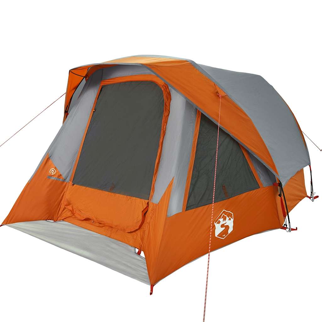 Detail van de tent vidaXL 4-persoons in grijs en oranje, met ventilatierooster en stevige constructie.