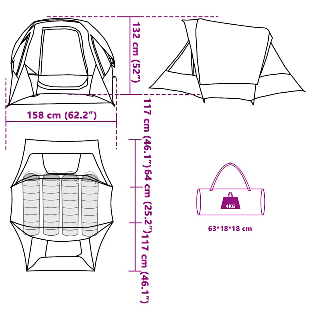 Detail van de vidaXL tent met afmetingen en opbergzak in grijs en oranje.