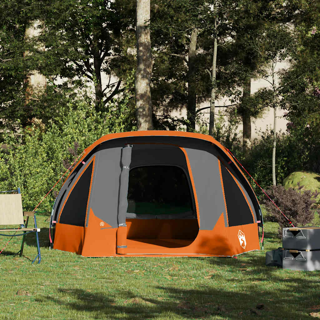 Detail van de vidaXL 4-persoons tent in grijs en oranje, zijaanzicht met open deur.