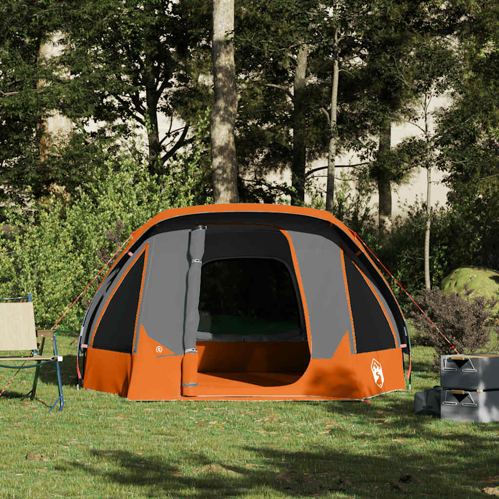 Detail van de vidaXL tent in grijs en oranje, met open deur en zicht op binnenruimte.