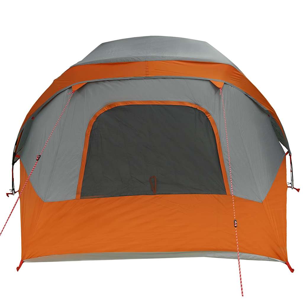 Detail van de tent vidaXL 4-persoons met grijze en oranje kleuren, zijaanzicht met ventilatierooster.