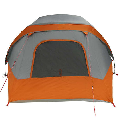 Detail van de tent vidaXL 4-persoons met grijze en oranje kleuren, zijaanzicht met ventilatierooster.