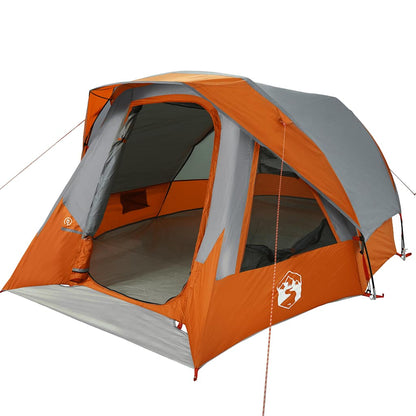 Detail van de vidaXL 4-persoons tent in grijs en oranje, zijaanzicht met open ingang.