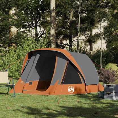 Grijze en oranje vidaXL tent voor vier personen, waterdicht en windbestendig, in een groene omgeving.