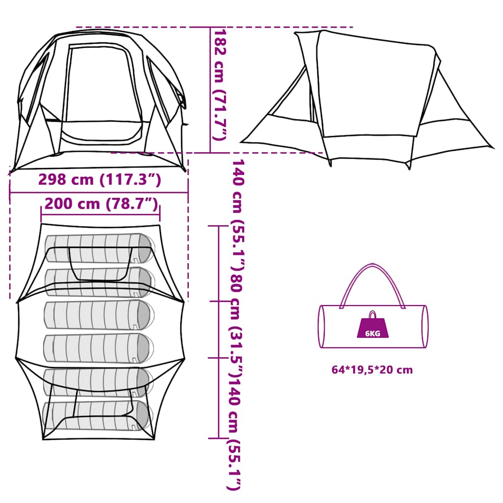 Detailtekening van de vidaXL gezinstent met afmetingen en indeling voor 6 personen.
