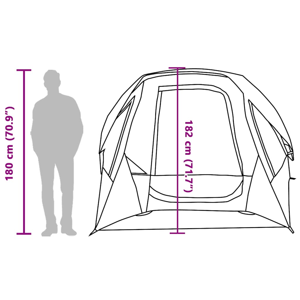 Zijaanzicht van de vidaXL 6-persoons tent met afmetingen en ingetekende figuur.