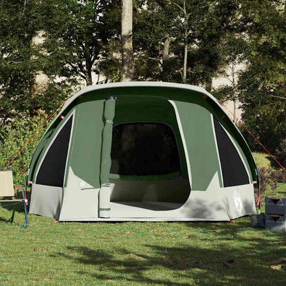 Zijaanzicht van de vidaXL gezinstent in groen, met open ingang en ventilatiedetails.
