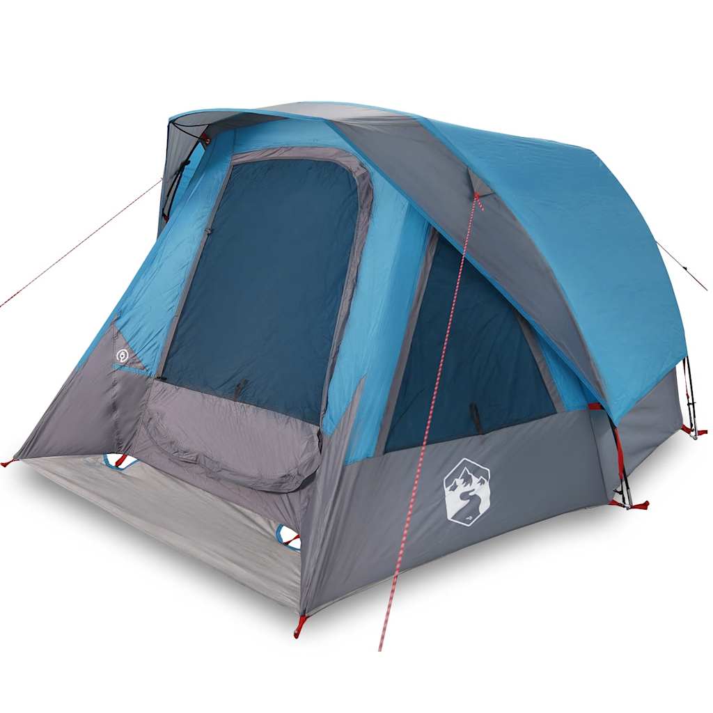 Detail van de vidaXL 6-persoons tent in blauw, met open ingang en ventilatierooster.