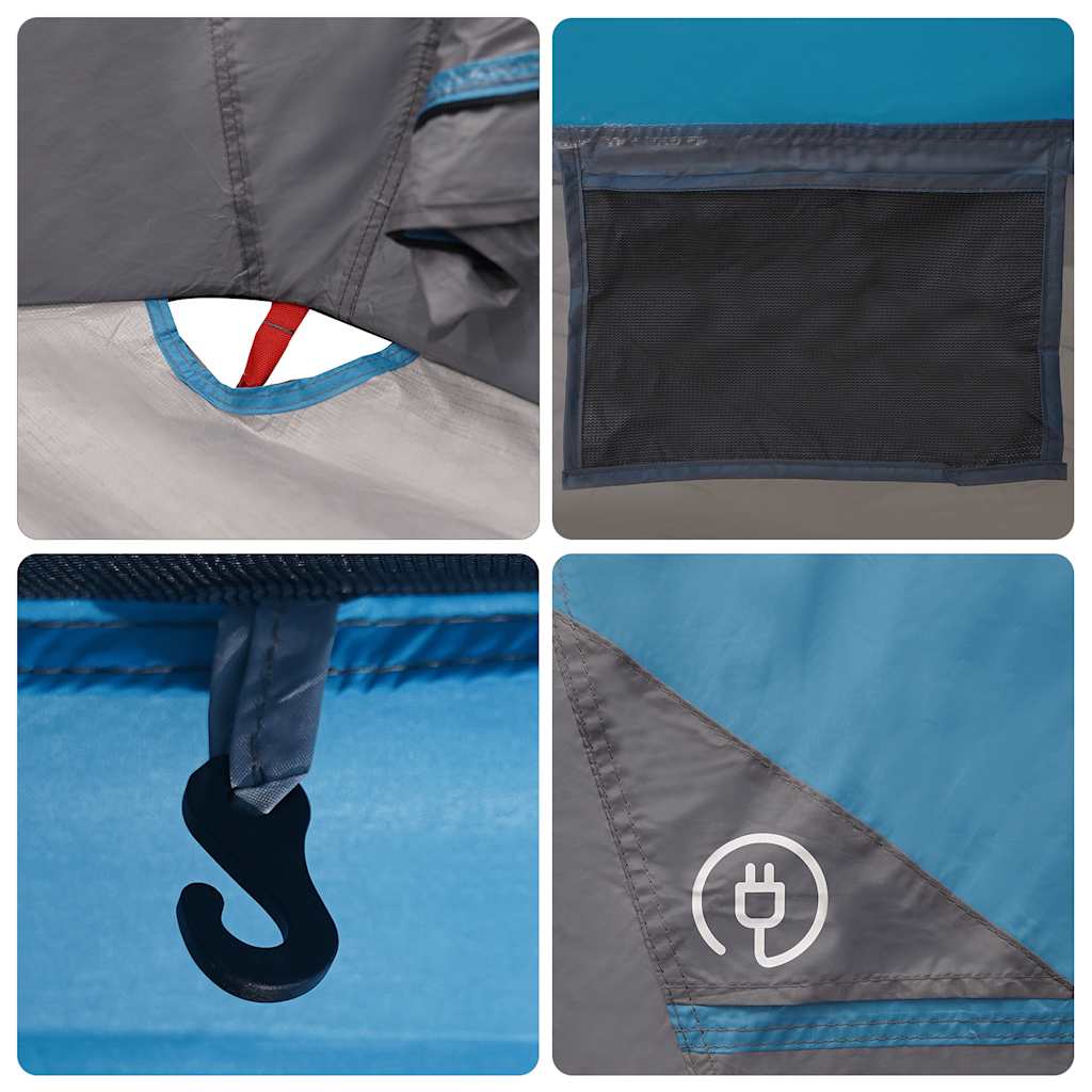 Details van de vidaXL gezinstent met haak en ventilatierooster in blauw en grijs.